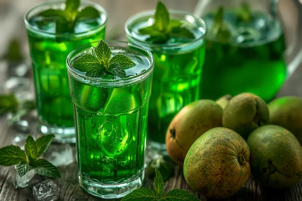 Glasses of jade-green aam panna over ice garnished with fresh mint, a few whole green mangoes beside the jug, bright summer light.