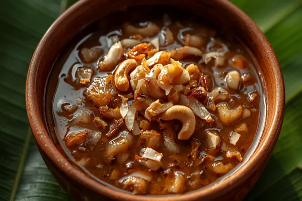 A bowl of glossy dark-caramel ada pradhaman, thick with rice ada in coconut milk, topped with golden ghee-fried coconut bits and cashews, on a banana leaf.