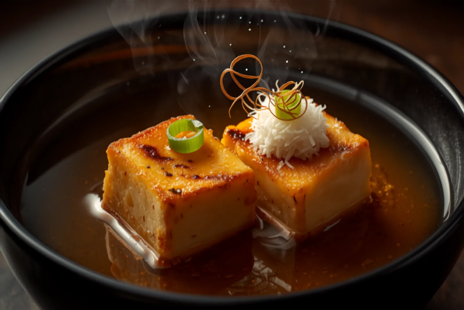 Two golden cubes of lightly fried agedashi tofu resting in a pool of clear amber dashi broth in a black lacquer bowl, crowned with a snowy mound of grated daikon, a dab of ginger, bright scallion rings, and thin curls of bonito flakes fluttering in the rising steam.