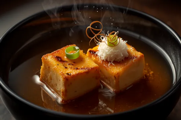 Two golden cubes of lightly fried agedashi tofu resting in a pool of clear amber dashi broth in a black lacquer bowl, crowned with a snowy mound of grated daikon, a dab of ginger, bright scallion rings, and thin curls of bonito flakes fluttering in the rising steam.
