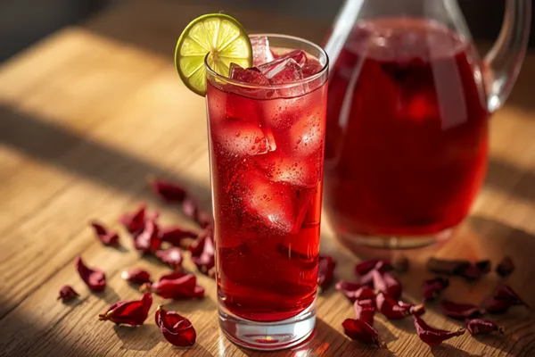 A tall glass of deep ruby-red agua de jamaica over ice with a lime wedge, a jug behind and dried hibiscus flowers scattered on the table.