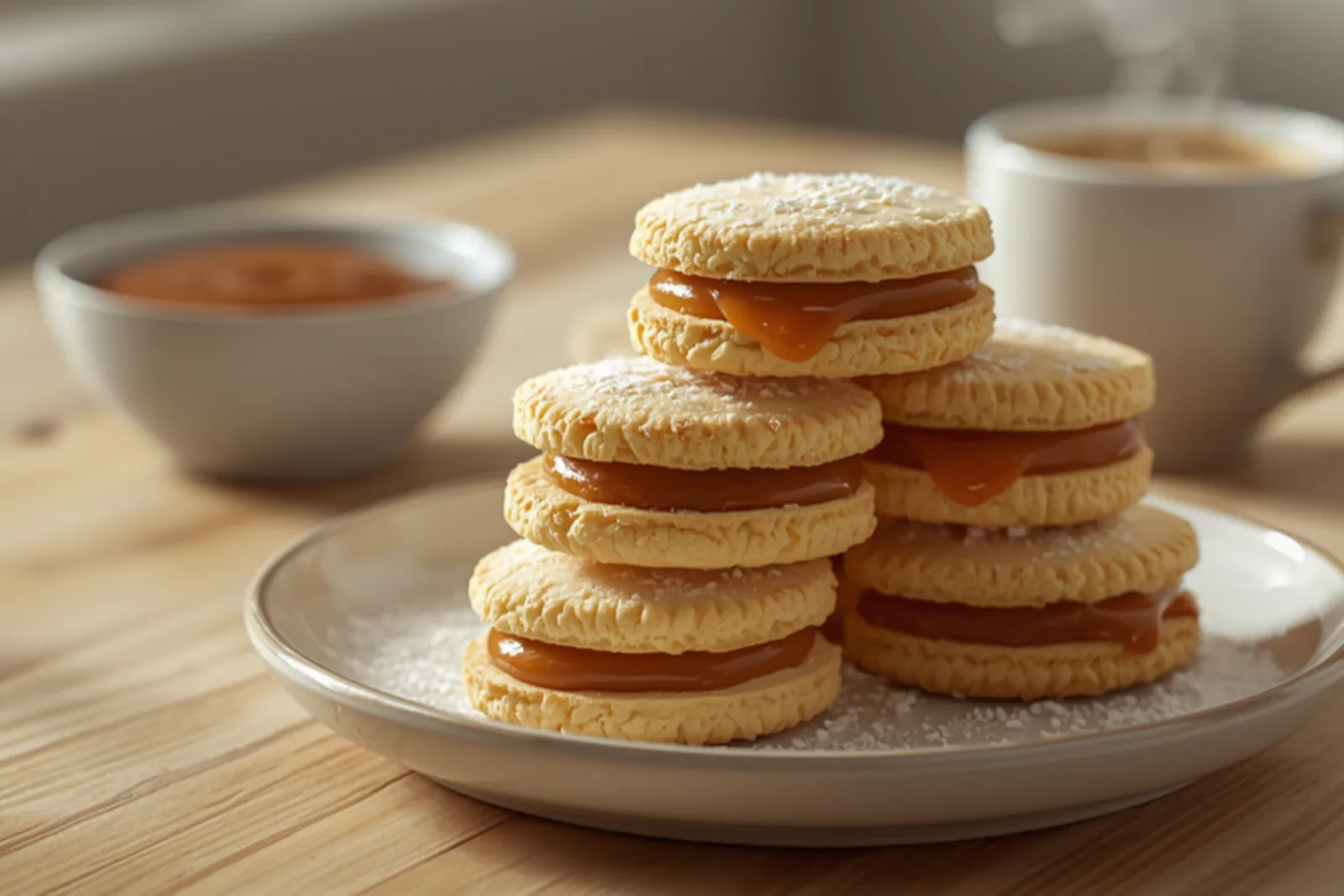 A stack of pale golden alfajores de maicena, cornstarch shortbread sandwich cookies dusted with icing sugar and oozing thick dulce de leche between the discs, piled on a cream ceramic plate on a light wooden table, with a small bowl of dulce de leche and a steaming cup of coffee softly blurred in warm window light.