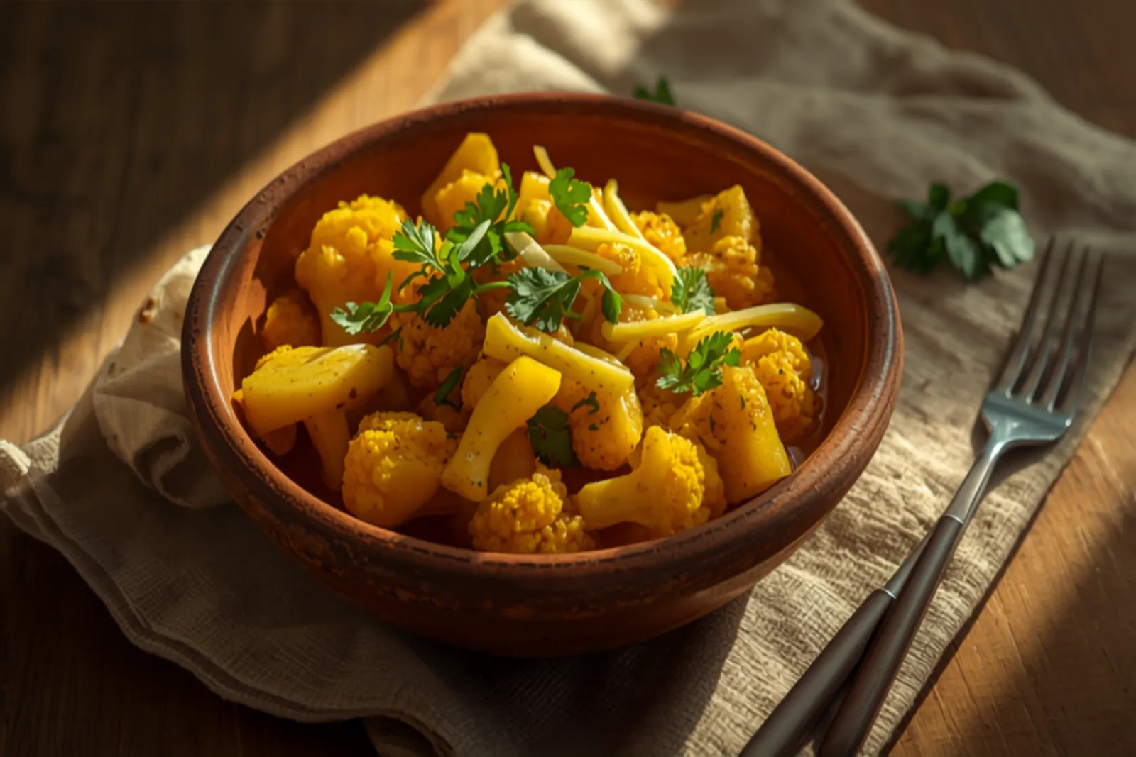 A bowl of aloo gobi — golden turmeric-coated cauliflower florets and potato chunks with julienned ginger and fresh coriander, beside roti.