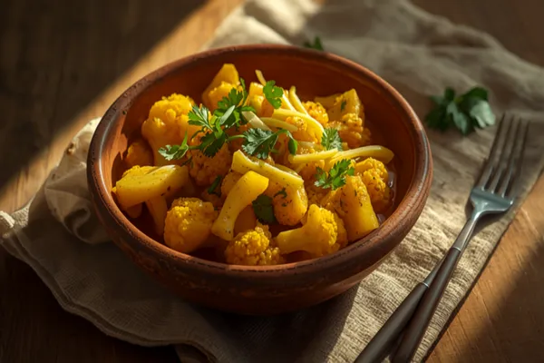 A bowl of aloo gobi — golden turmeric-coated cauliflower florets and potato chunks with julienned ginger and fresh coriander, beside roti.