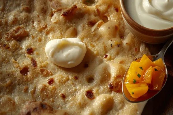 A golden, blistered aloo paratha on a plate with a melting knob of white butter on top, a bowl of yogurt and a spoon of mango pickle beside it.