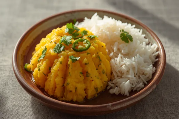 A mound of Assamese aloo pitika — mashed potato flecked with chopped onion, green chili, and coriander, glistening with mustard oil — on a plate beside steamed rice.