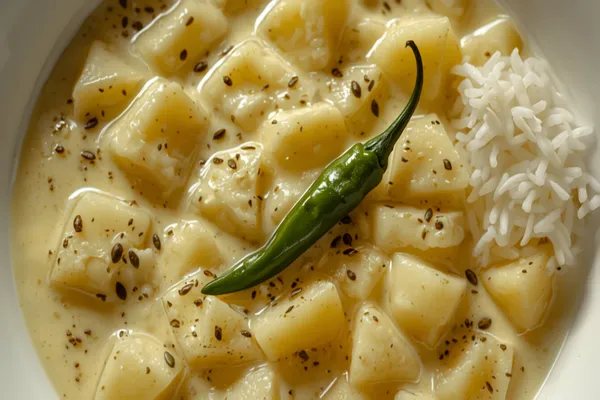 Cubed potatoes coated in a creamy pale poppy-seed paste in a white bowl, flecked with black nigella seeds and topped with whole green chilies, beside steamed rice.