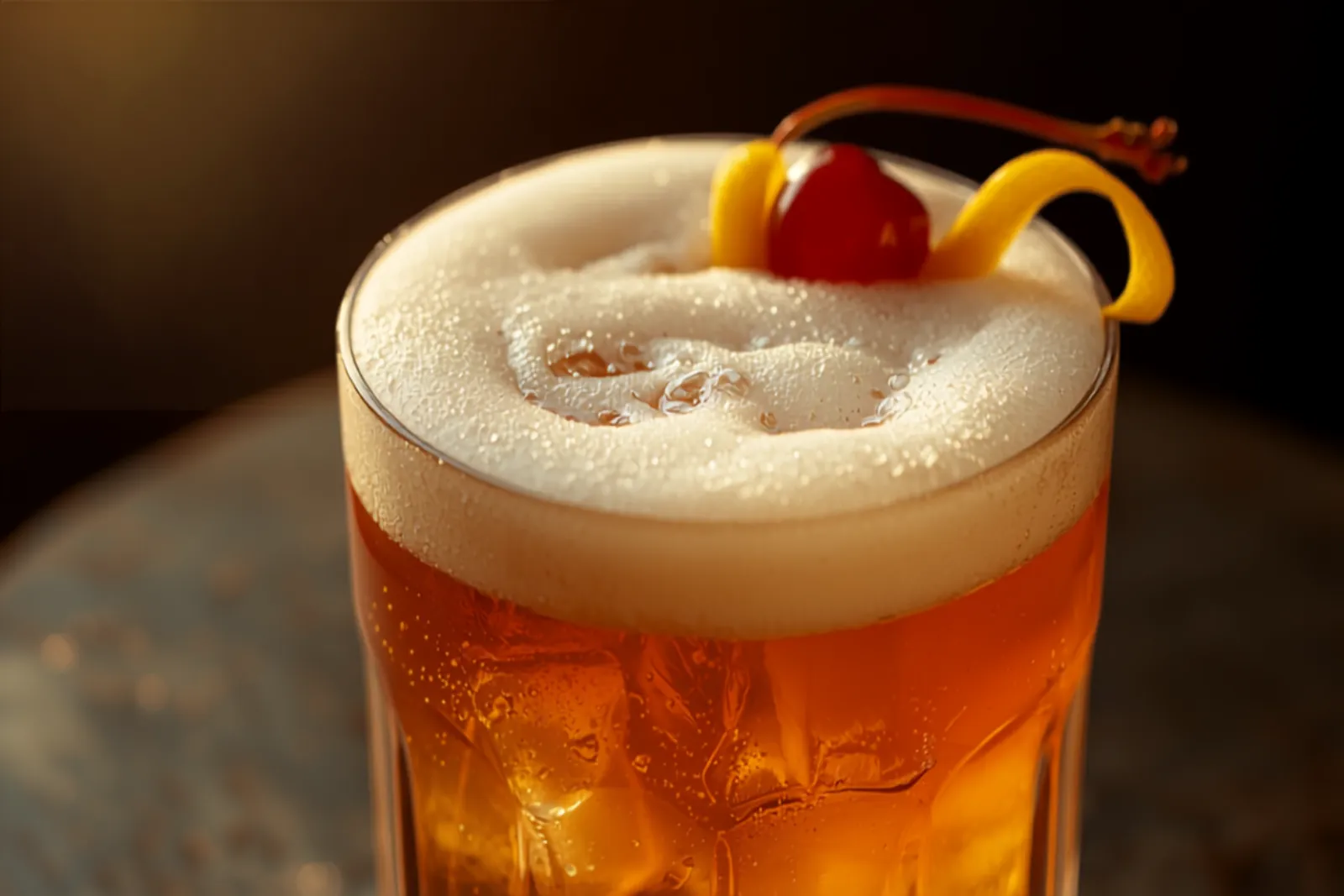 An amaretto sour over ice with a silky foam cap, lemon peel and a cherry, warm golden light.