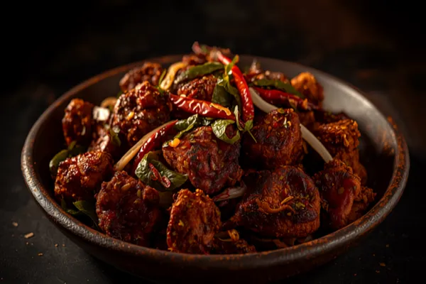 A rustic plate of Andhra chicken fry — dark red-brown bone-in chicken pieces coated in roasted spices, tossed with fried curry leaves, green chillies, and onions.