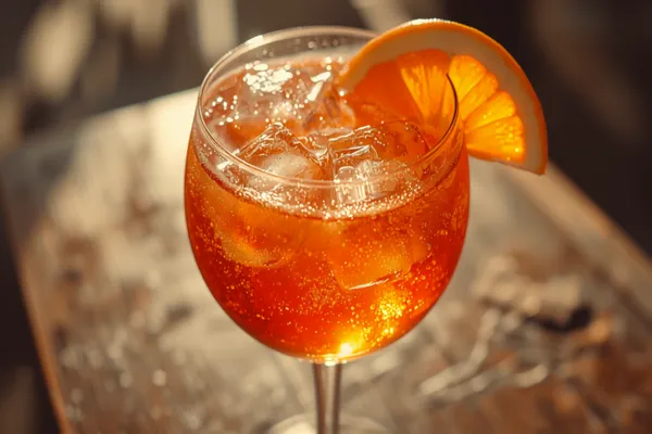 An Aperol Spritz glowing bright orange in a large wine glass full of ice, an orange half-moon slice on the rim, sunlit on an outdoor table.