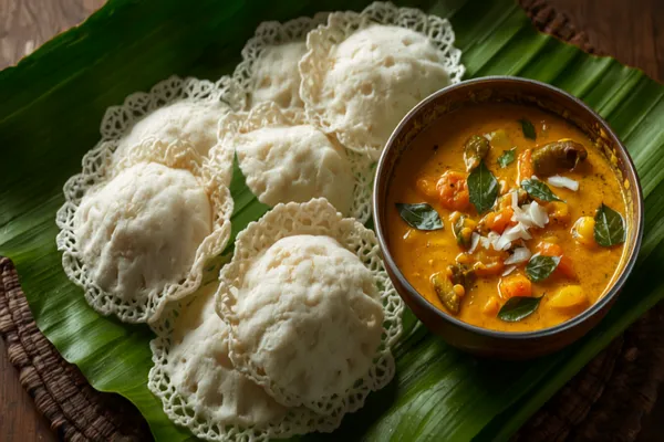 Two soft white bowl-shaped appams with thick spongy centres and lacy golden edges on a banana leaf, beside a bowl of creamy coconut-milk vegetable stew with carrots and potatoes.