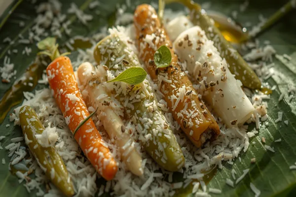 A thick Kerala avial of mixed vegetable batons — carrot, beans, plantain, ash gourd — coated in a coarse white coconut paste with curry leaves, served on a banana leaf.