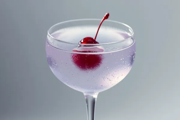 An Aviation cocktail straight up in a coupe, pale sky-blue-violet, garnished with a single brandied cherry.