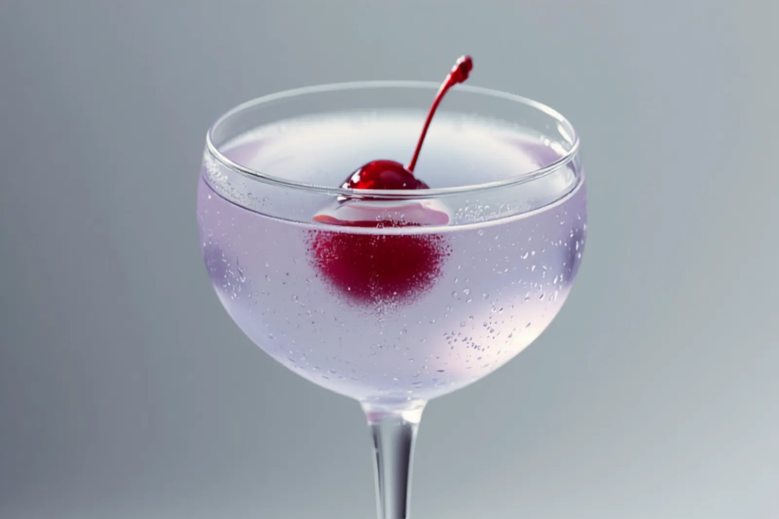 An Aviation cocktail straight up in a coupe, pale sky-blue-violet, garnished with a single brandied cherry.