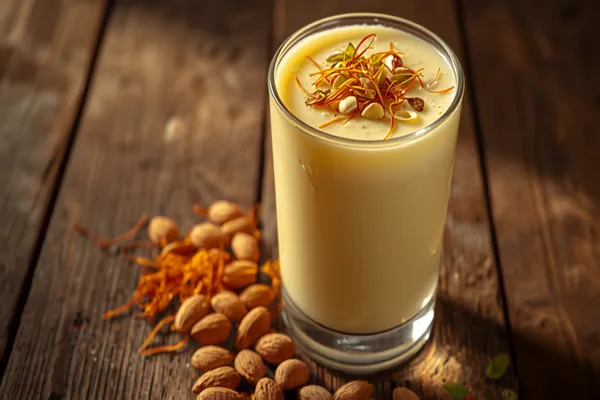 A glass of pale golden badam milk topped with slivered pistachios and saffron threads, warm light, almonds and cardamom beside it.