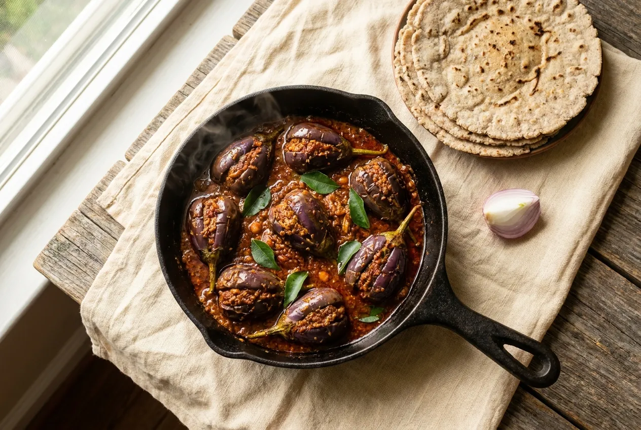 Four small purple brinjals split into quarters and packed with a deep red-brown peanut-and-sesame masala, simmering in a glossy gravy in a black cast-iron pan, garnished with curry leaves.