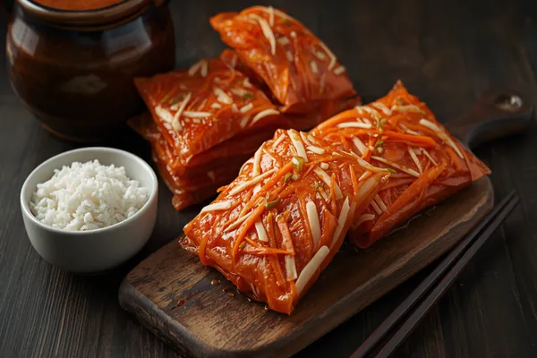 Glossy red-orange folded packets of napa cabbage kimchi stacked on a dark wooden board, white radish and carrot matchsticks visible between the leaves, with a small bowl of steamed rice, dark chopsticks and a brown earthenware onggi behind on a weathered table.