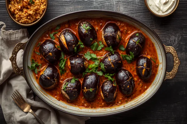 An oval brass-handled serving dish of Hyderabadi bagara baingan shot from directly above — glossy dark purple baby brinjals, each cross-slit to show the orange flesh inside, half-submerged in a thick red-brown peanut and sesame gravy scattered with fresh coriander, with a bowl of biryani rice and a bowl of yoghurt chutney on the dark wooden table alongside.