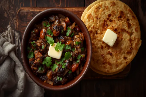 A bowl of rustic baingan bharta — coarsely mashed smoky eggplant flecked with browned onion, tomato and green chile, topped with fresh coriander, beside a stack of makki di roti and a knob of white butter in warm natural light.