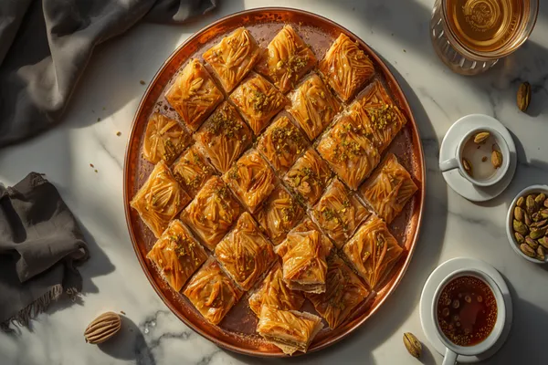Overhead view of a round hammered copper tray of pistachio baklava on a white marble surface: about two dozen diamond-cut pieces with deep golden, syrup-glossed tops of ruffled paper-thin pastry, scattered unevenly with coarsely ground green pistachio, and two pieces at the front tipped onto their sides so the layered cross-section and the seam of nut through the middle are visible. A rumpled charcoal linen cloth lies to the left, a tall glass of amber tea sits at the top right, and a white cup and saucer, a small bowl of whole pistachios and a cup of dark tea are ranged down the right-hand side, with a few loose pistachios scattered on the marble.