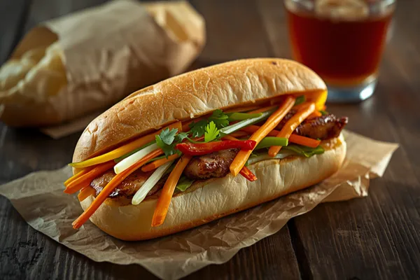 A Vietnamese bánh mì thịt nướng split open on brown paper — a pale, thin-crusted baguette packed with charred lemongrass pork, orange and white pickled carrot and daikon, cucumber spears, whole coriander sprigs and red chilli slices, with a second sandwich and a glass of iced Vietnamese coffee behind it.