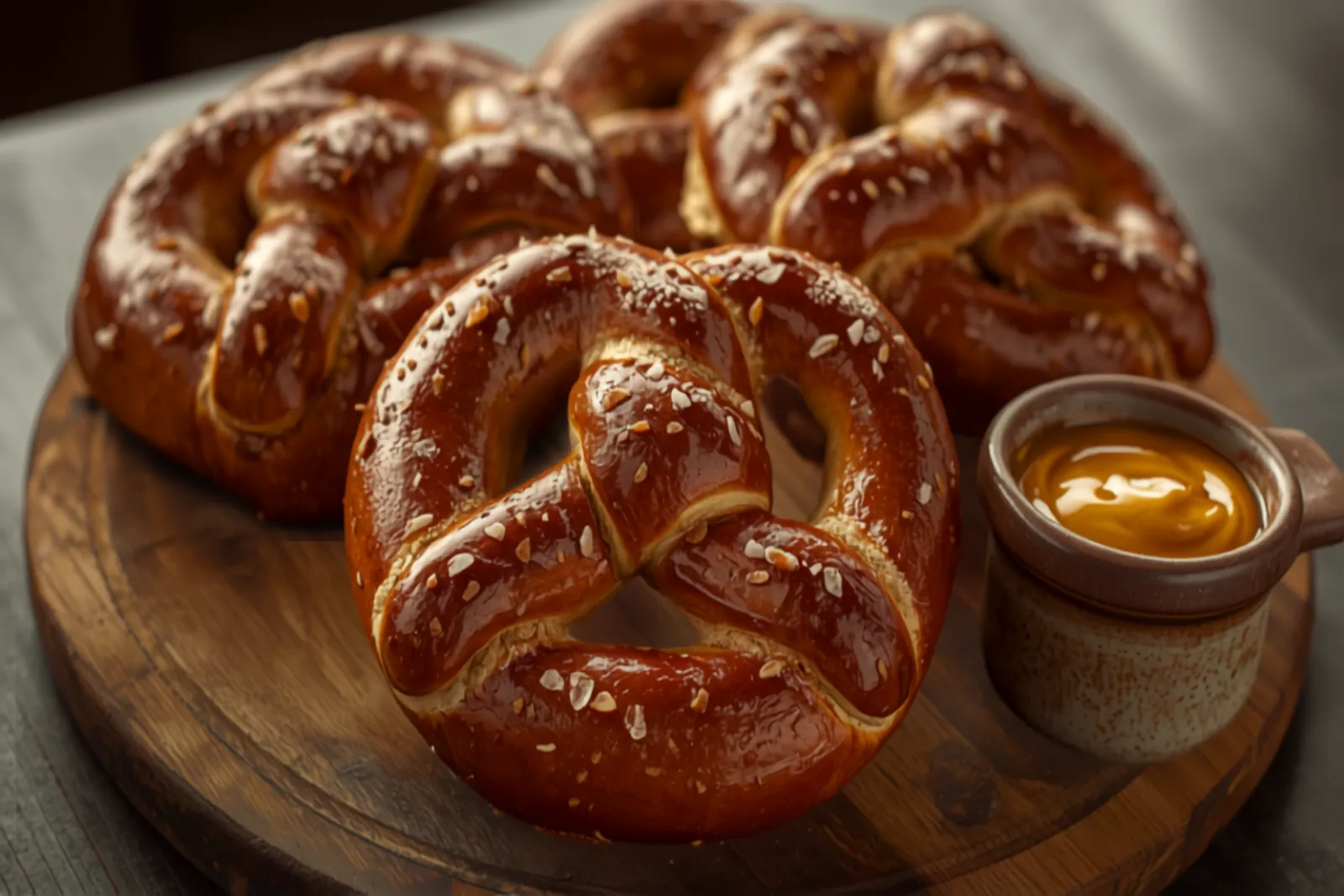 Several Bavarian soft pretzels with deep mahogany-brown glossy crusts scattered with coarse white salt, arranged on a wooden board with a pot of sweet mustard.