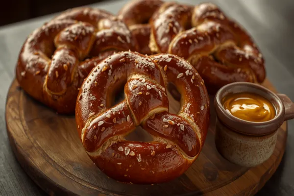 Several Bavarian soft pretzels with deep mahogany-brown glossy crusts scattered with coarse white salt, arranged on a wooden board with a pot of sweet mustard.