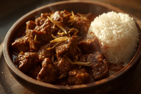 A bowl of beef rendang — large chunks of dark mahogany, glossy beef in a near-dry spice coating flecked with toasted coconut and lemongrass, beside steamed white rice.