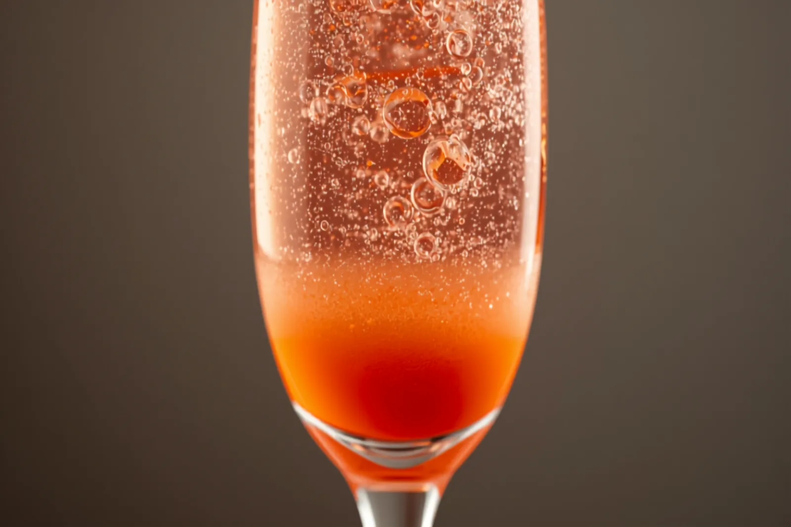 A Bellini in a champagne flute, soft pink-peach and gently sparkling, the colour graduating from the purée at the base.