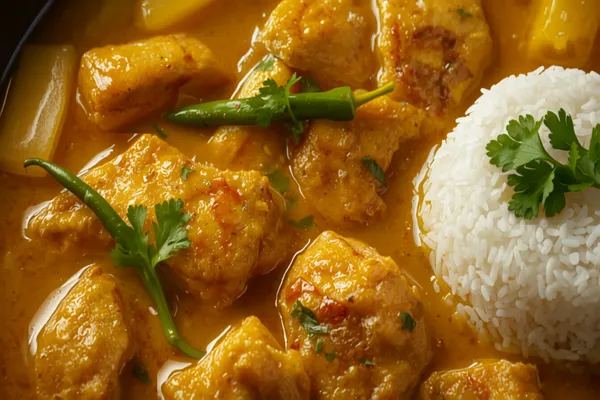 A thin golden Bengali fish curry in a bowl with fried fish steaks and potato wedges, slit green chilies and coriander on top, beside white rice.