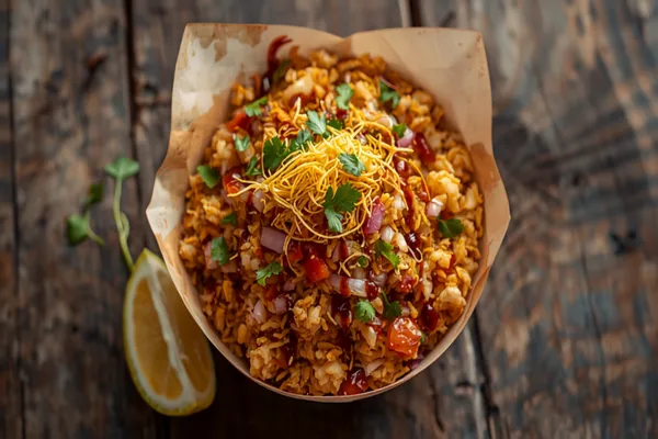 A bowl of Mumbai bhel puri — puffed rice tossed with diced potato, onion and tomato, drizzled with dark tamarind and green chutneys and topped with a tangle of golden sev and fresh coriander.