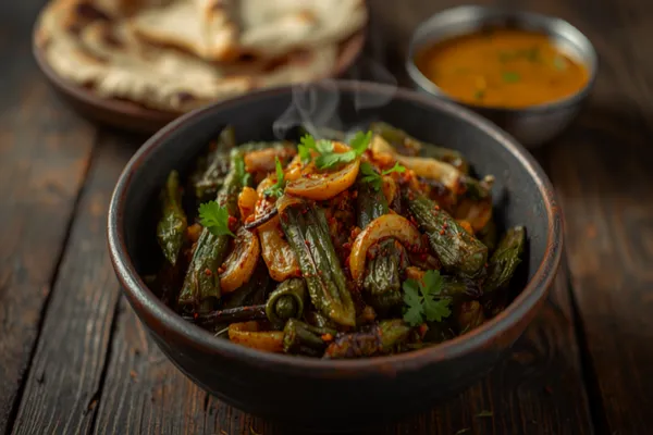 A dark bowl of dry bhindi masala — deep-green okra pieces blistered at the edges, tossed with golden onions and flecks of red chilli and fresh coriander, on a rustic table with roti alongside.