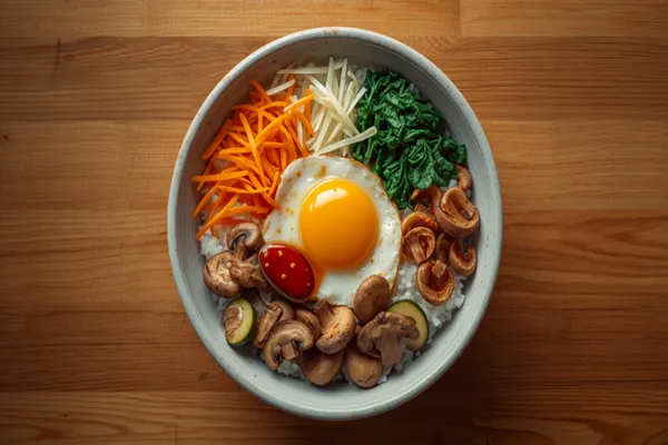 A bibimbap bowl of white rice topped with neat sections of green spinach, white bean sprouts, orange carrot, sautéed zucchini, brown mushrooms, and marinated beef, with a sunny-side-up egg in the center and a spoonful of red gochujang sauce.