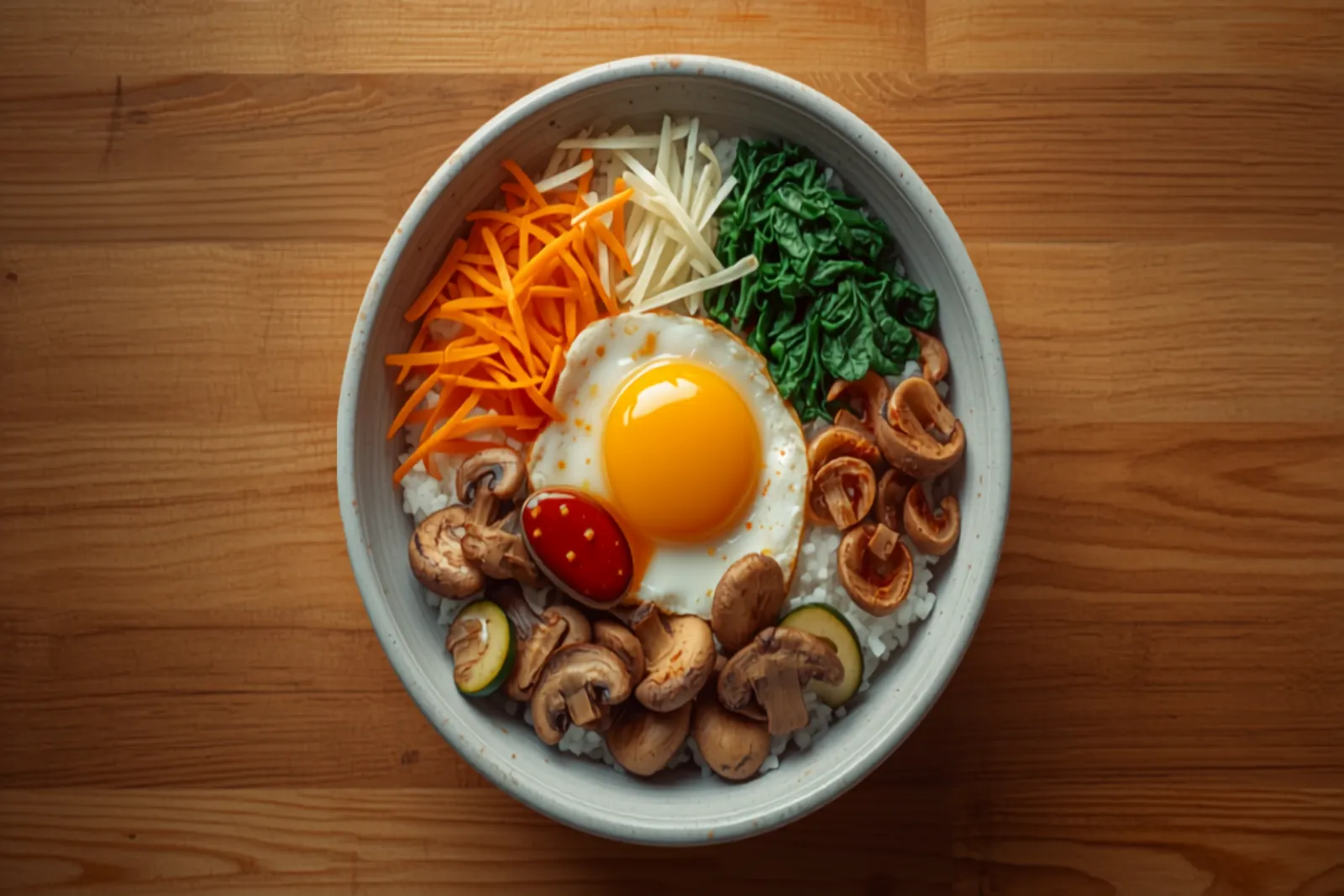 A bibimbap bowl of white rice topped with neat sections of green spinach, white bean sprouts, orange carrot, sautéed zucchini, brown mushrooms, and marinated beef, with a sunny-side-up egg in the center and a spoonful of red gochujang sauce.