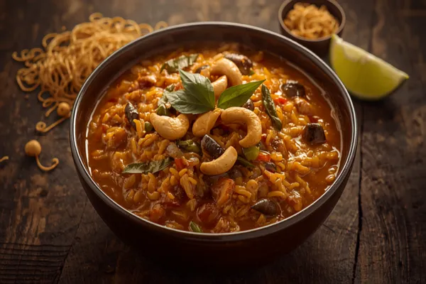 A steel bowl of steaming bisi bele bath — thick spiced rice and lentils with vegetables — topped with golden fried cashews, curry leaves, and a glossy spoonful of ghee, with crisp boondi alongside.