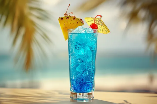 A vivid blue Blue Hawaii cocktail in a tall glass over crushed ice with a pineapple wedge, cherry and paper umbrella, bright sunny light.