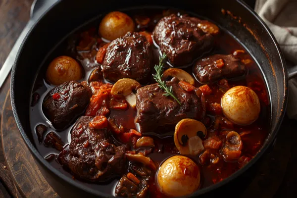 A cast-iron casserole of boeuf bourguignon — large chunks of dark, tender beef in a glossy deep-red wine sauce with whole pearl onions, golden mushrooms, and crisp bacon lardons, garnished with fresh thyme.