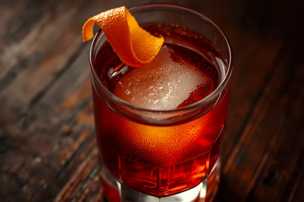 A Boulevardier over a large ice cube in a rocks glass, deep red-amber, with an orange twist.
