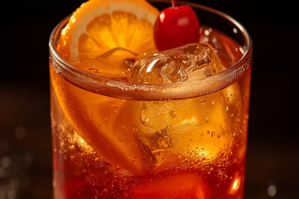 A Wisconsin brandy Old Fashioned in a rocks glass with muddled orange and cherry, topped with soda, bright supper-club light.