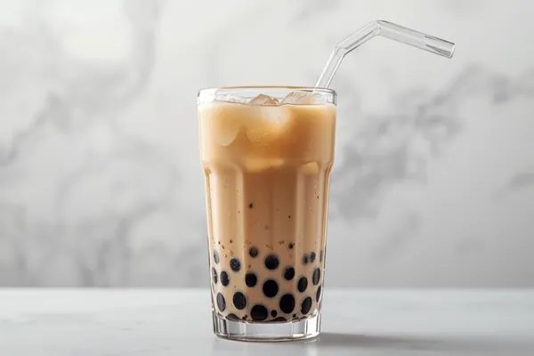 A clear glass of milky brown bubble tea with dark tapioca pearls settled at the bottom, ice, and a wide pink straw, bright modern light.