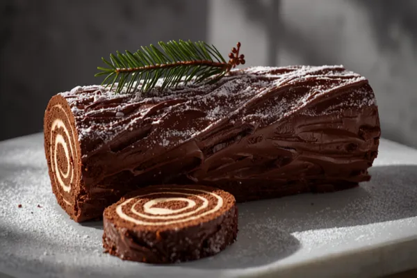 A chocolate bûche de Noël shaped like a log with fork-textured 'bark' frosting, a diagonal branch on the side, dusted with icing-sugar 'snow,' showing a spiral of cream when sliced.
