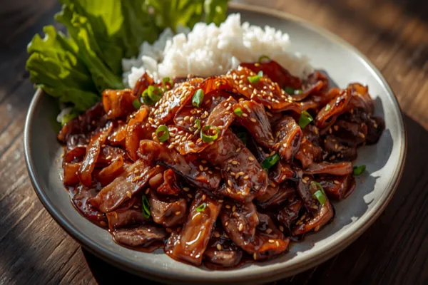 A plate of bulgogi — glossy, caramelised thin slices of marinated beef with softened onion and green spring onion, scattered with toasted sesame seeds, served with rice and lettuce leaves for wrapping.