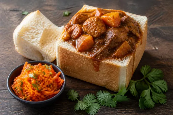 A hollowed quarter-loaf of white bread mounded with deep reddish-brown lamb and potato curry, its scooped bread lid resting alongside, next to a small bowl of bright orange grated carrot sambal on a rustic wooden board.