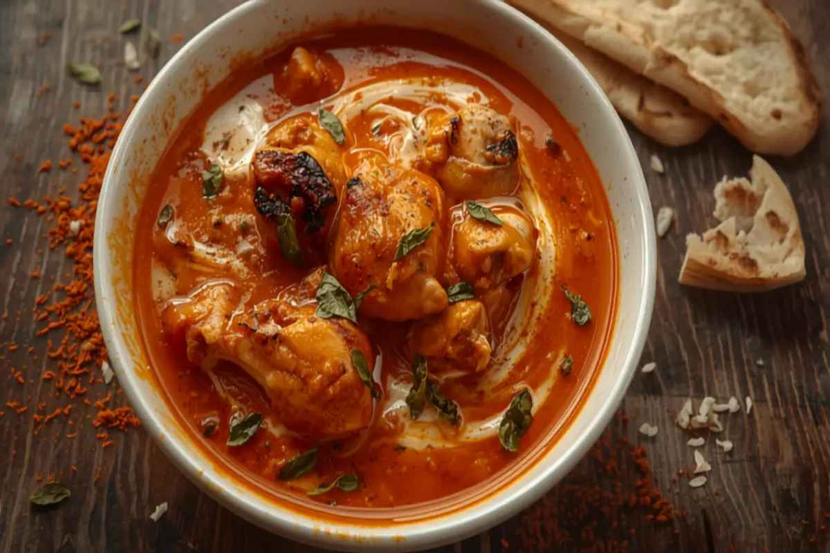 Butter chicken in a rich tomato gravy, finished with cream and coriander