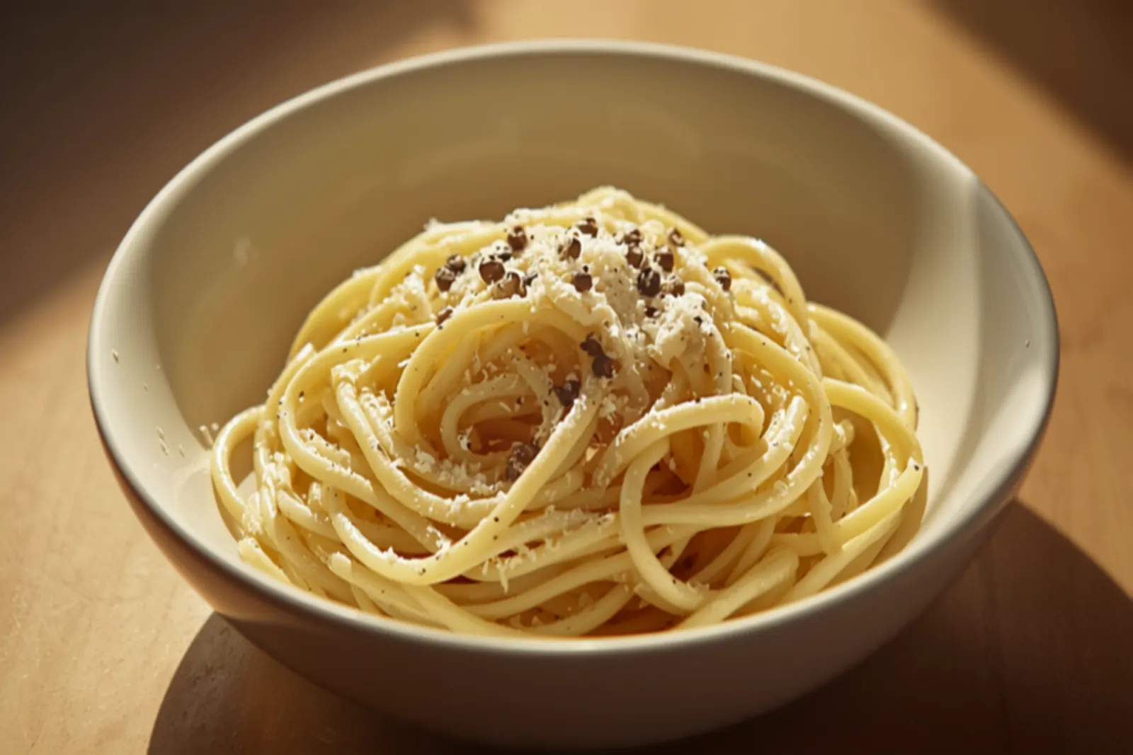 A nest of spaghetti cacio e pepe twirled in a bowl, coated in a glossy, creamy pale sauce and flecked all over with coarsely ground black pepper, finished with a dusting of grated Pecorino.