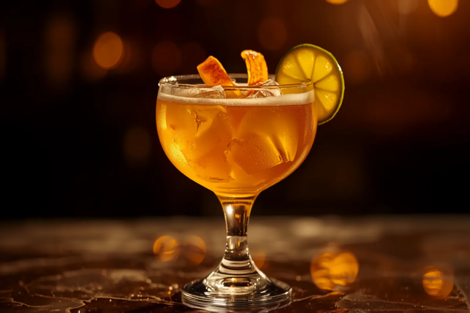 A Cadillac margarita over ice with a Grand Marnier float, orange twist and lime wheel, rich warm light.