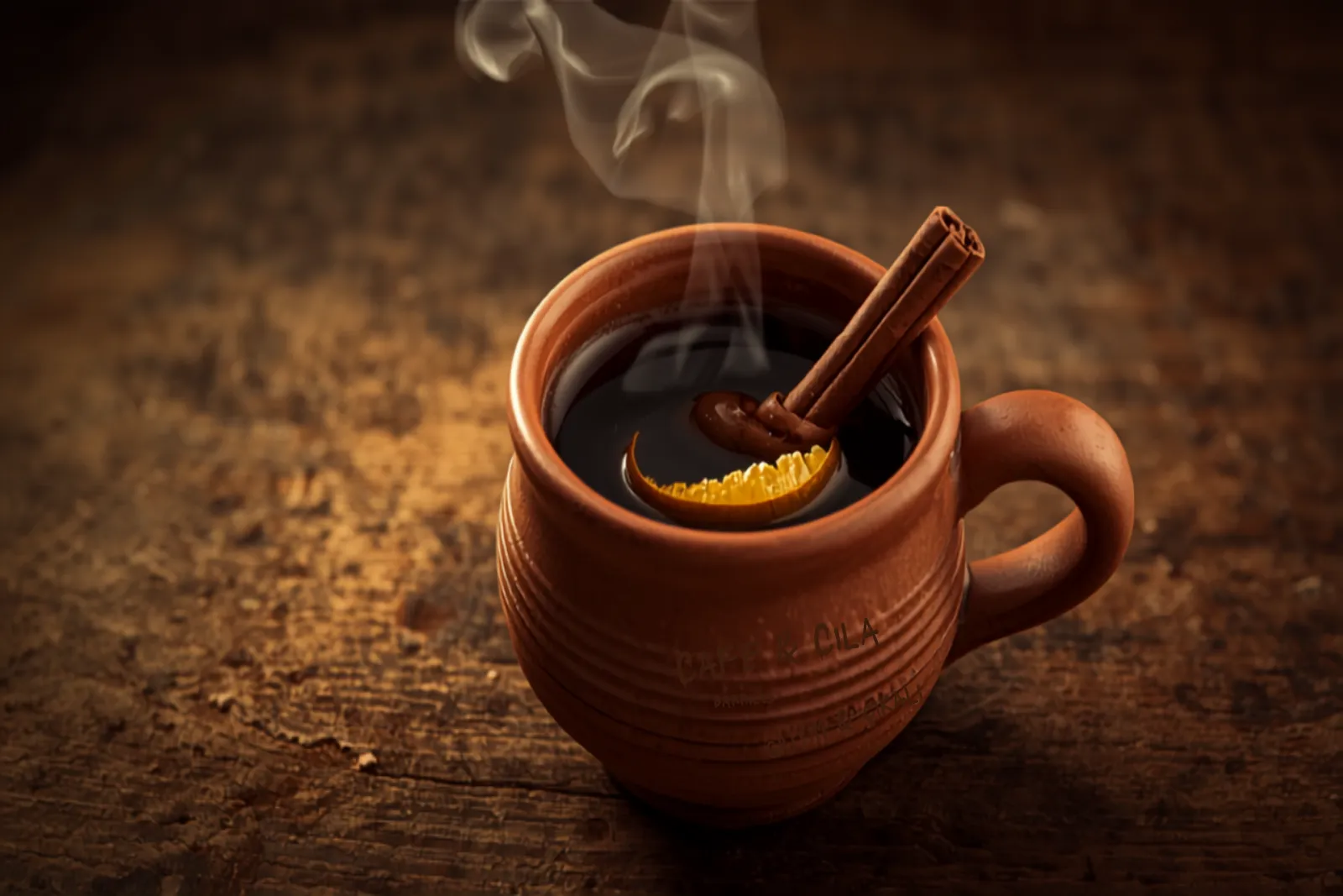 A clay mug of dark café de olla with a cinnamon stick and orange peel, steam rising, on a rustic table with pan dulce nearby.