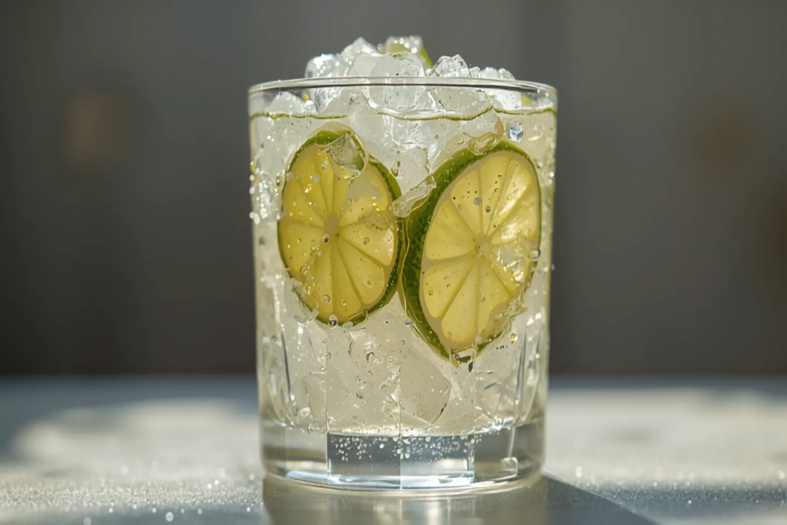 A caipirinha in a short rocks glass packed with ice and crushed lime wedges, sugar visible at the bottom, bright and fresh in sunlight.