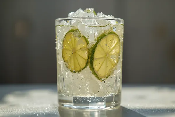 A caipirinha in a short rocks glass packed with ice and crushed lime wedges, sugar visible at the bottom, bright and fresh in sunlight.
