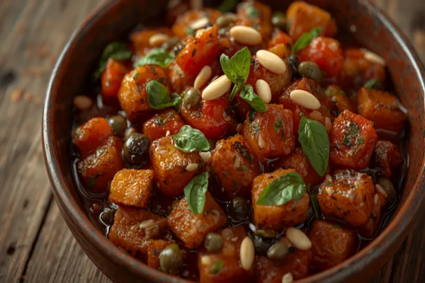A bowl of glossy Sicilian caponata — golden-brown eggplant cubes with celery, tomato, green olives and capers in a dark sweet-sour sauce, scattered with pine nuts and torn basil.